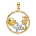 Load image into Gallery viewer, 14k Yellow Gold and White Rhodium Scallop, Starfish with SeaHorse in Round Frame Charm Pendant
