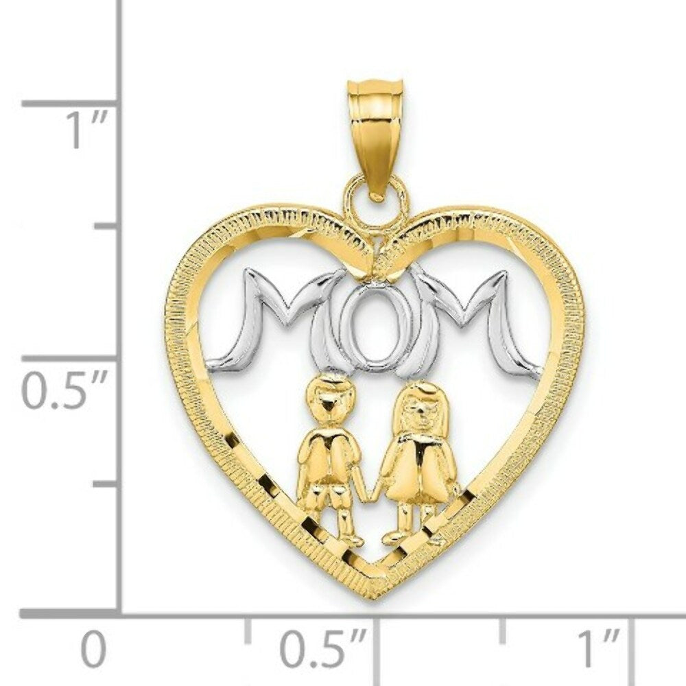 14K Yellow Gold with White Rhodium Heart With 2 Kids Mom Charm Pendant
