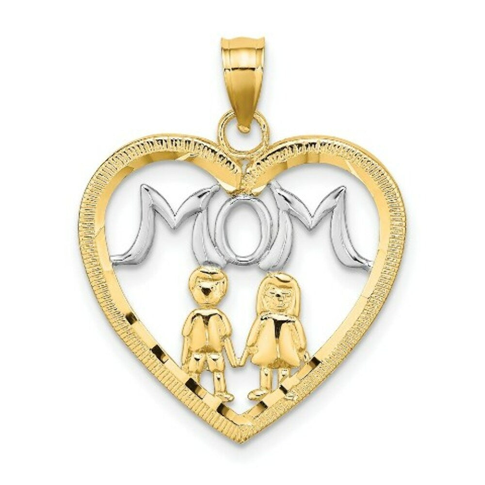 14K Yellow Gold with White Rhodium Heart With 2 Kids Mom Charm Pendant