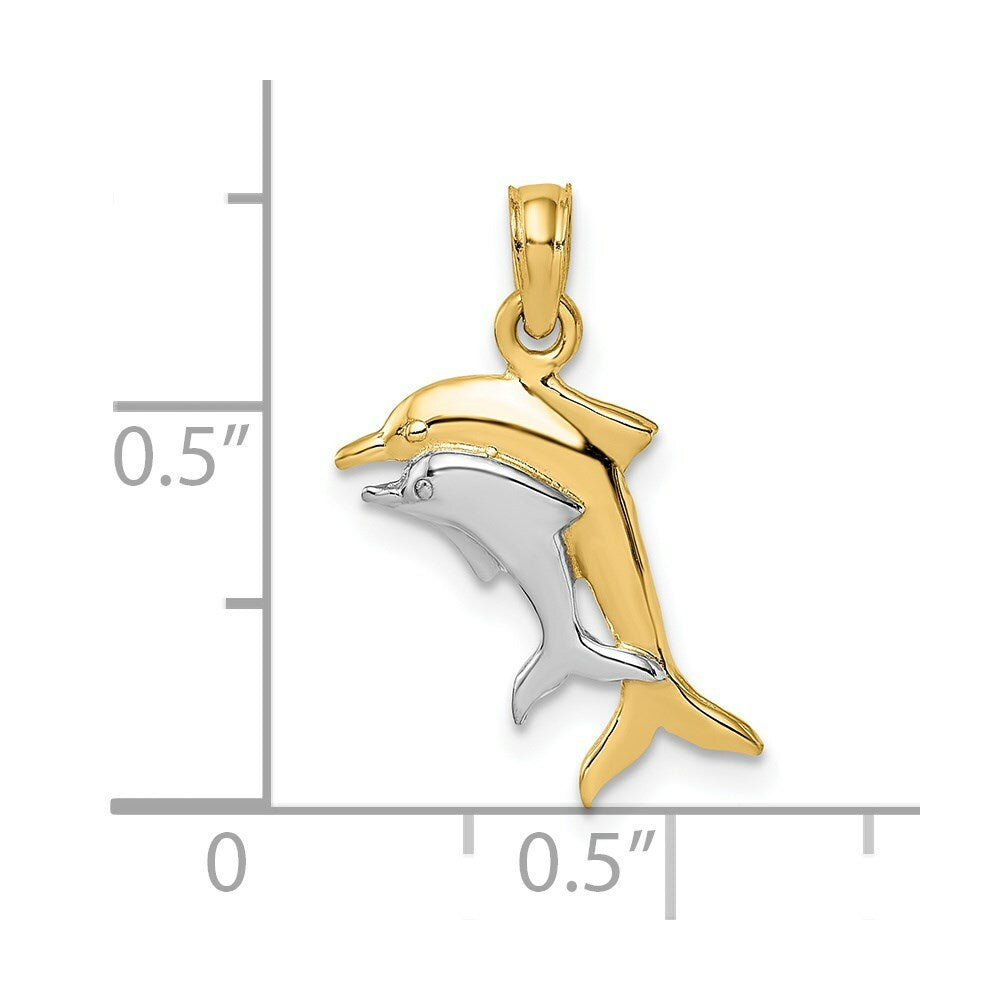 14K Yellow Gold with White Rhodium 2-D with Polished Dolphins Charm Pendant