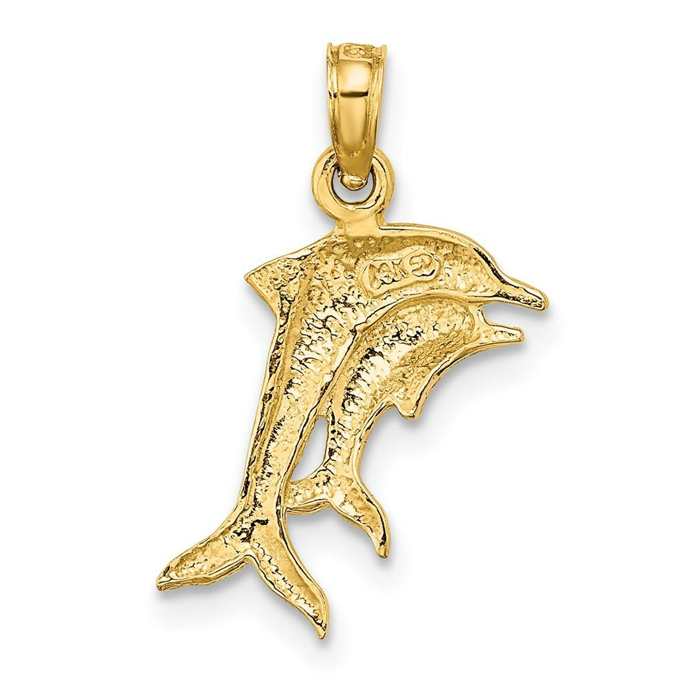 14K Yellow Gold with White Rhodium 2-D with Polished Dolphins Charm Pendant