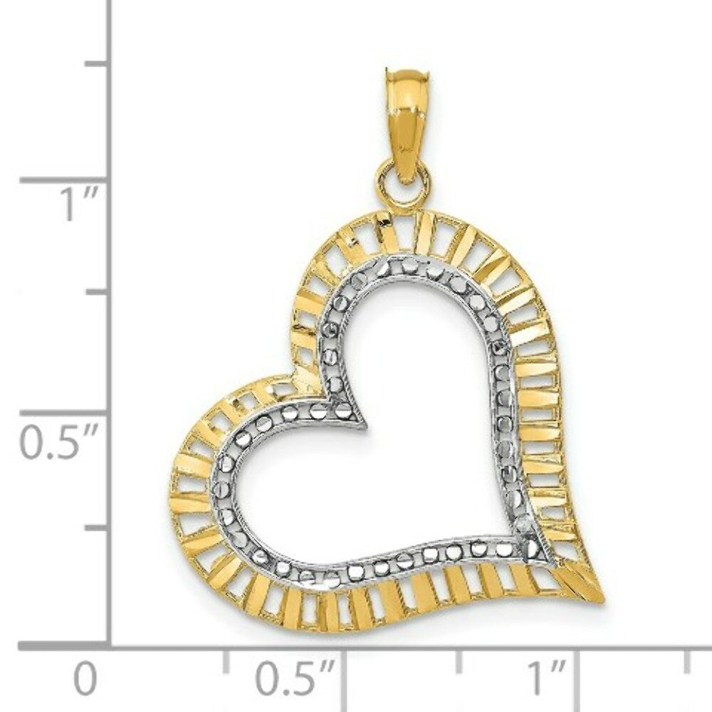 14K Yellow Gold with White Rhodium Diamond-cut with 2-D Large Tilted Heart Charm Pendant