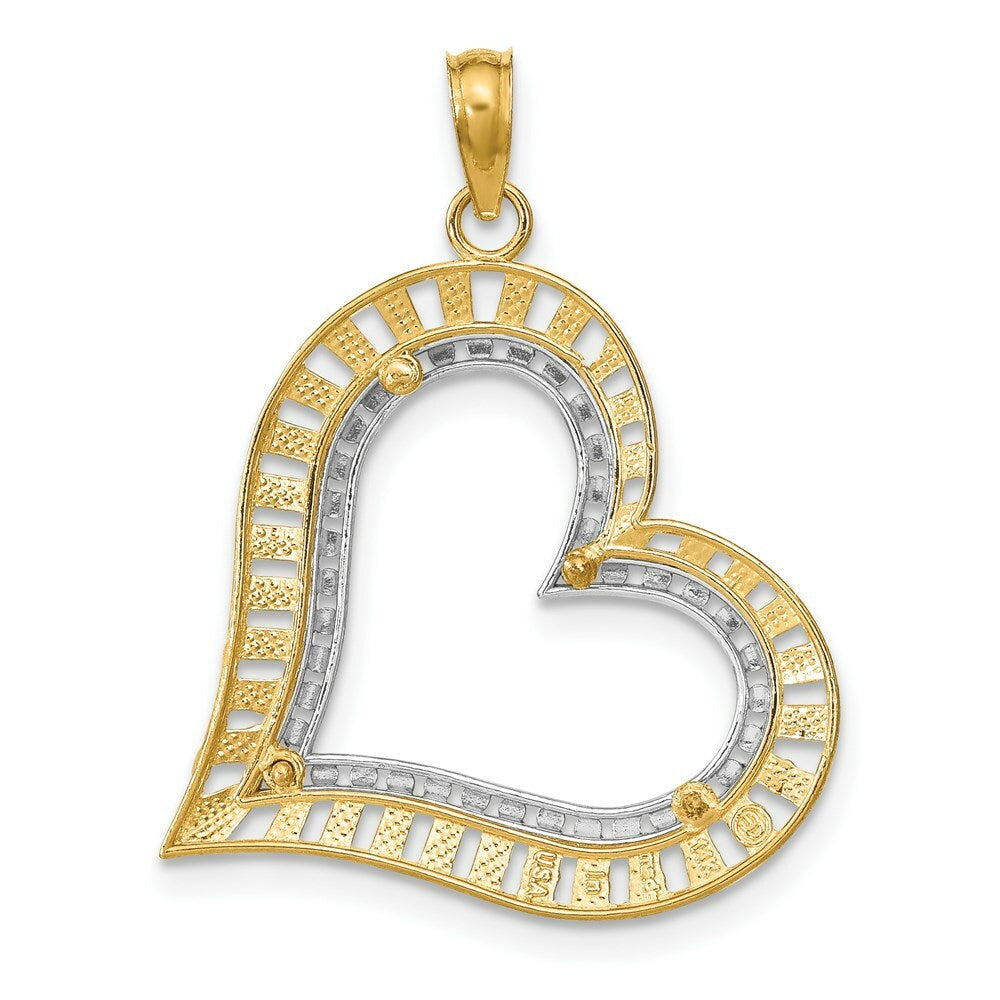 14K Yellow Gold with White Rhodium Diamond-cut with 2-D Large Tilted Heart Charm Pendant
