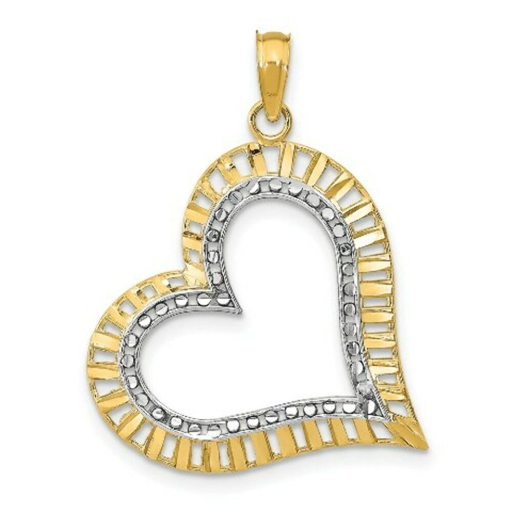 14K Yellow Gold with White Rhodium Diamond-cut with 2-D Large Tilted Heart Charm Pendant
