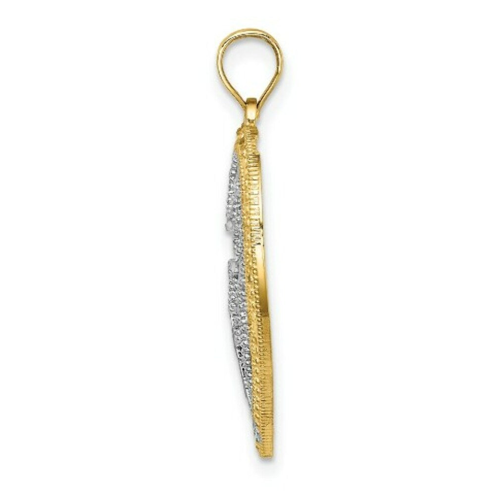14K Yellow Gold with White Rhodium Cut-Out with Beaded Filigree Heart With Cross Charm Pendant