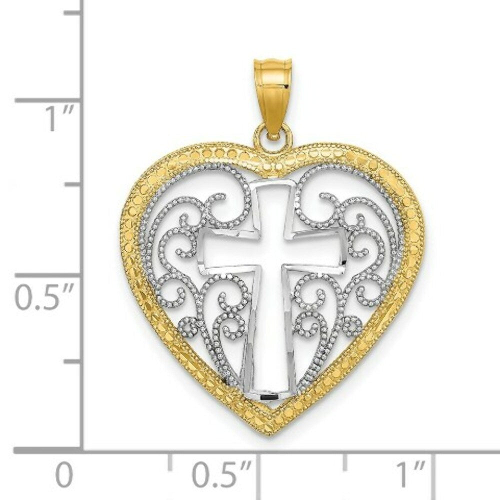 14K Yellow Gold with White Rhodium Cut-Out with Beaded Filigree Heart With Cross Charm Pendant