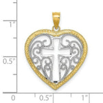Load image into Gallery viewer, 14K Yellow Gold with White Rhodium Cut-Out with Beaded Filigree Heart With Cross Charm Pendant
