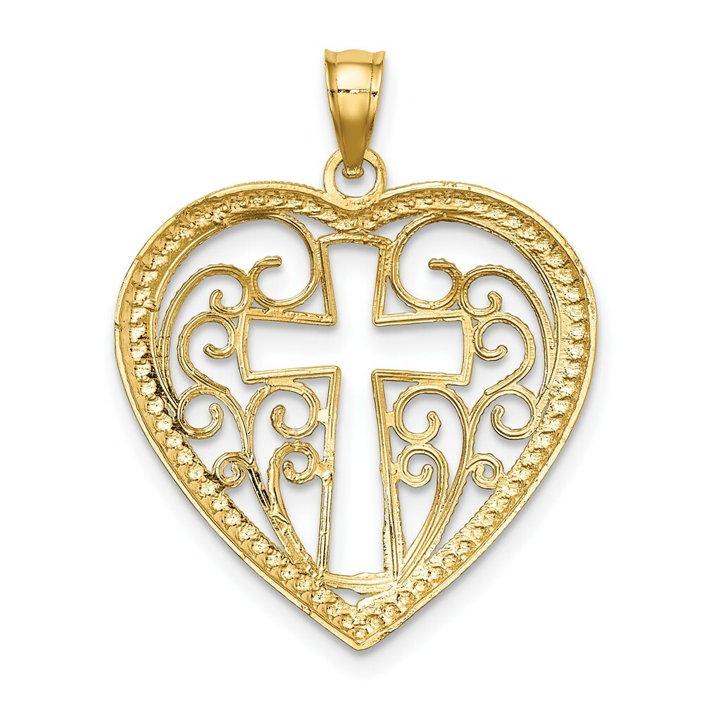 14K Yellow Gold with White Rhodium Cut-Out with Beaded Filigree Heart With Cross Charm Pendant