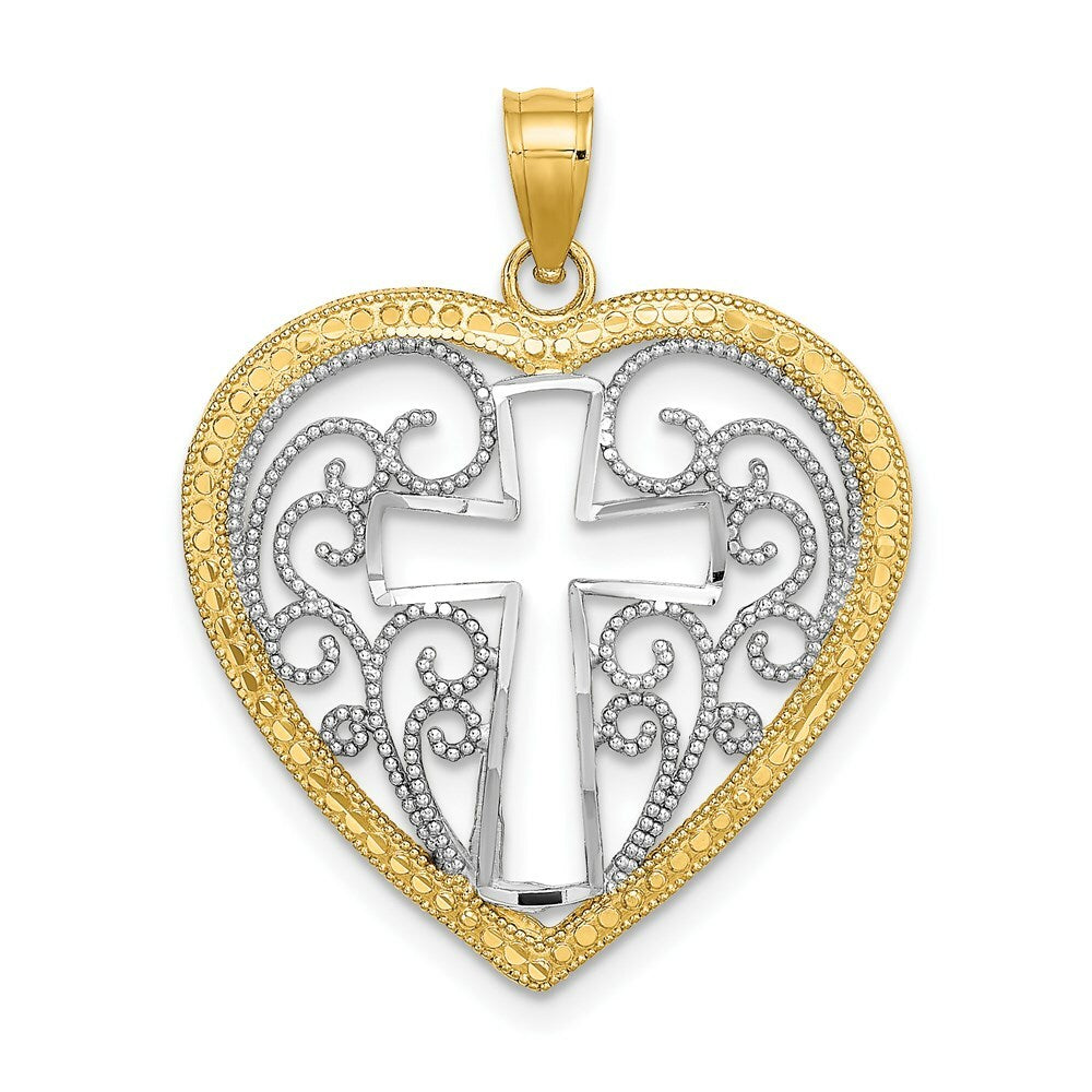 14K Yellow Gold with White Rhodium Cut-Out with Beaded Filigree Heart With Cross Charm Pendant