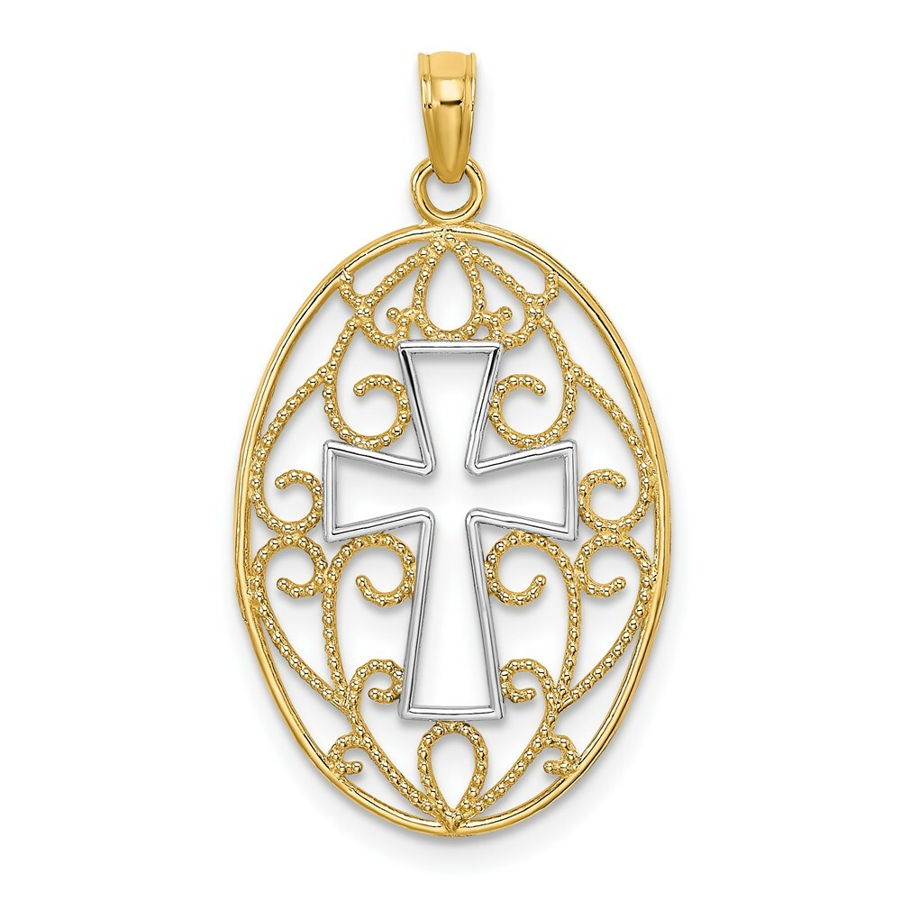 14K Yellow Gold with White Rhodium Beaded Filigree Cross Charm Pendant
