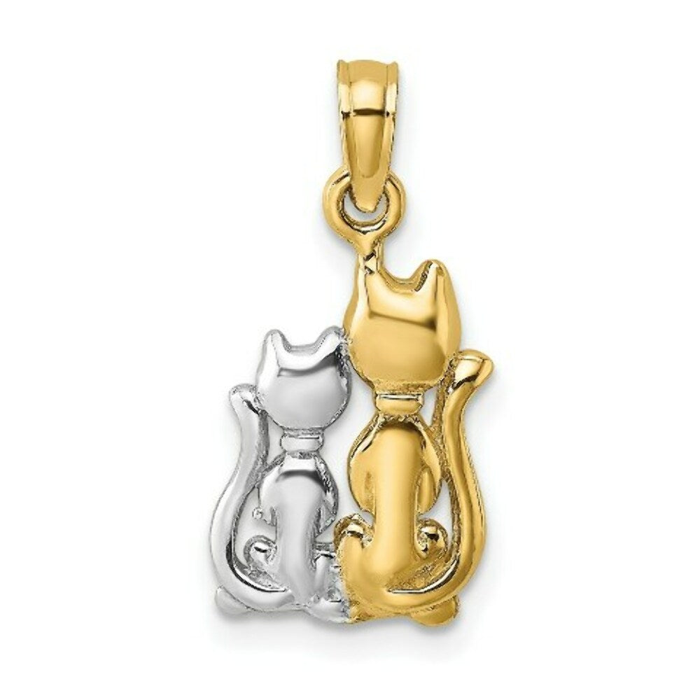 14K Yellow Gold with White Rhodium Polished with 2-D Cat with Kitten Charm Pendant