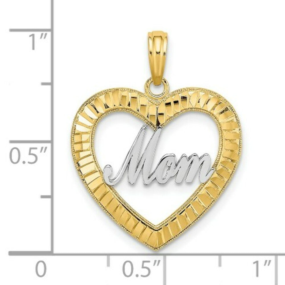 14K Yellow Gold with White Rhodium with Diamond-cut Heart Frame Mom Charm Pendant