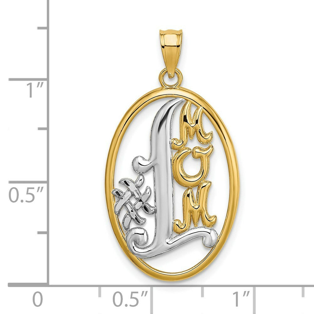 14K Yellow Gold with White Rhodium #1 MOM In Oval Frame Charm Pendant