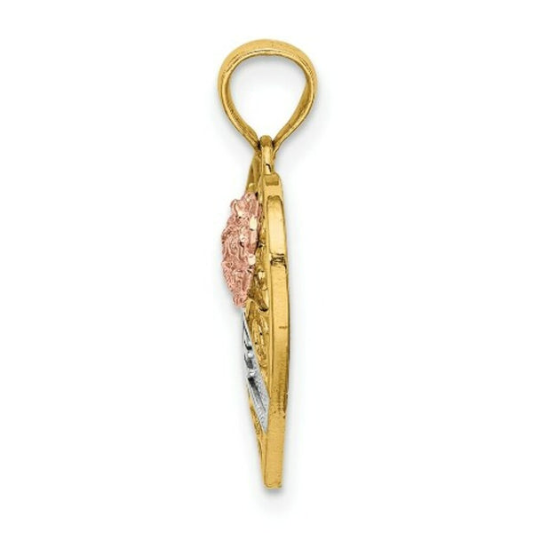 14K Tri-Color Gold Love Banner on Filigree Heart Charm Pendant