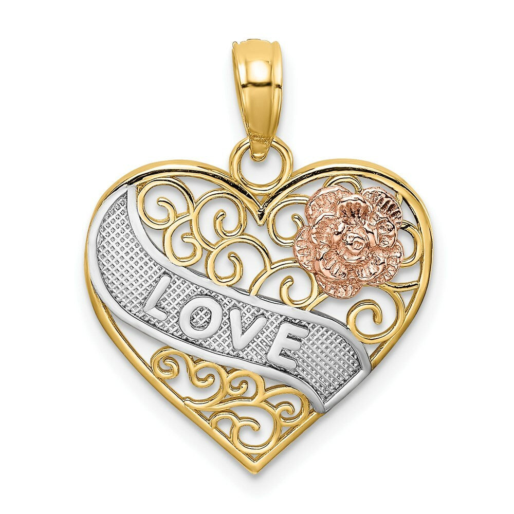 14K Tri-Color Gold Love Banner on Filigree Heart Charm Pendant