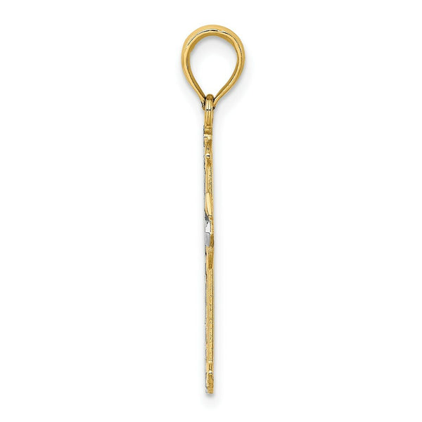 14K Yellow Gold with White Rhodium Diamond-cut Cross Charm Pendant