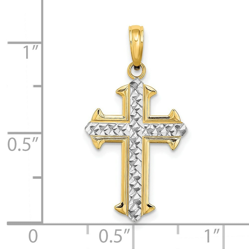 14K Yellow Gold with White Rhodium Diamond-cut Cross Charm Pendant