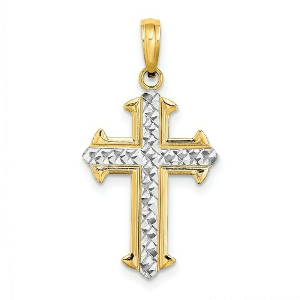 14K Yellow Gold with White Rhodium Diamond-cut Cross Charm Pendant
