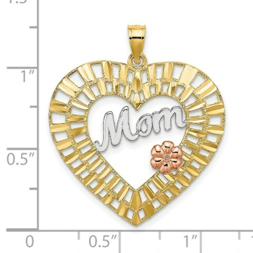 14K Two-tone Yellow & Rose Gold With & Diamond-cut Mom Heart Charm Pendant