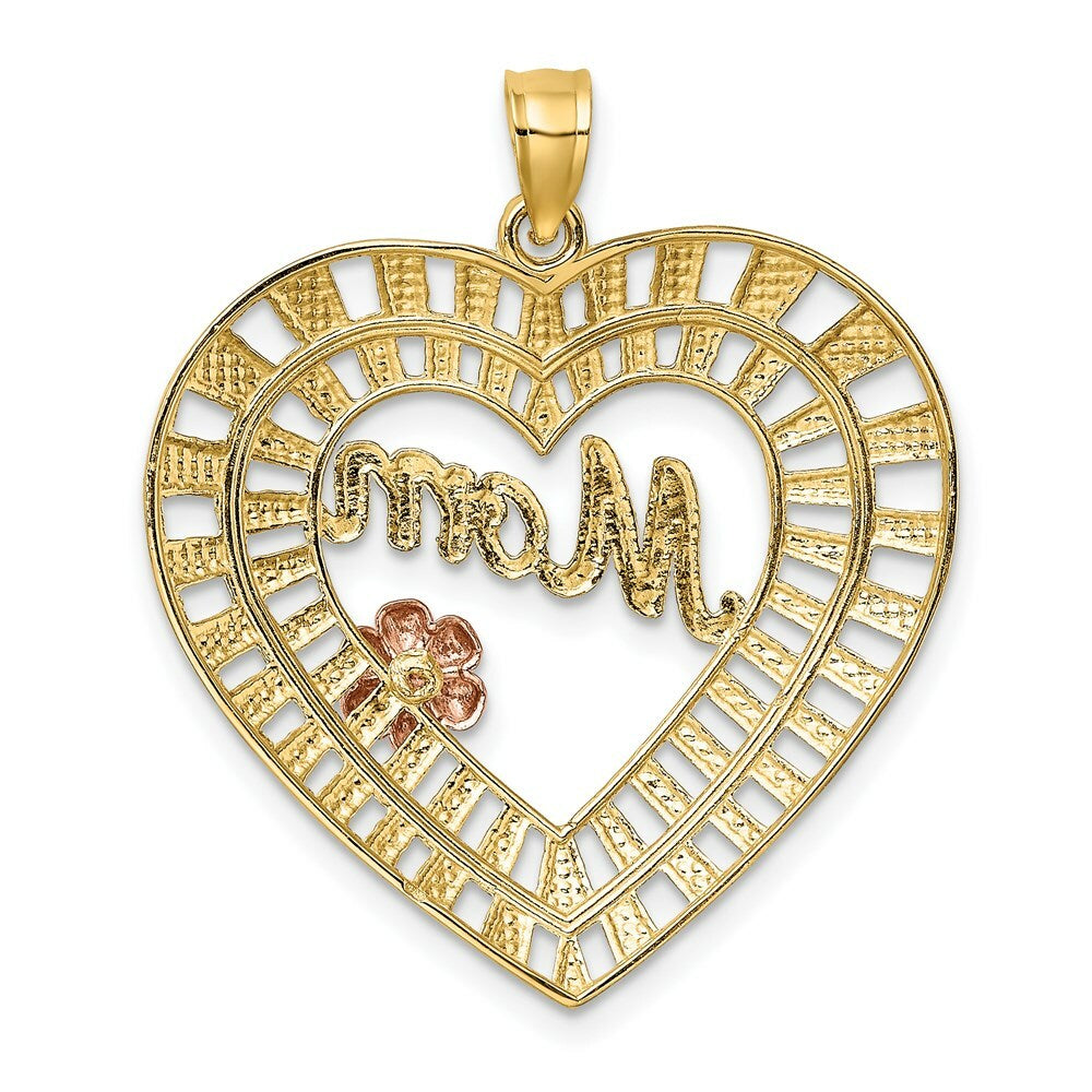 14K Two-tone Yellow & Rose Gold With & Diamond-cut Mom Heart Charm Pendant