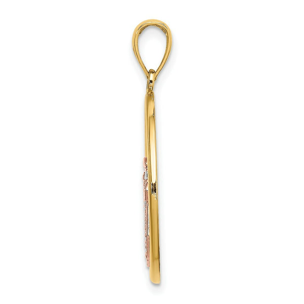 14K Tri-Color Gold Scallop Shell In Round Frame Charm Pendant