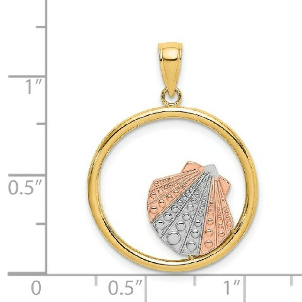 14K Tri-Color Gold Scallop Shell In Round Frame Charm Pendant