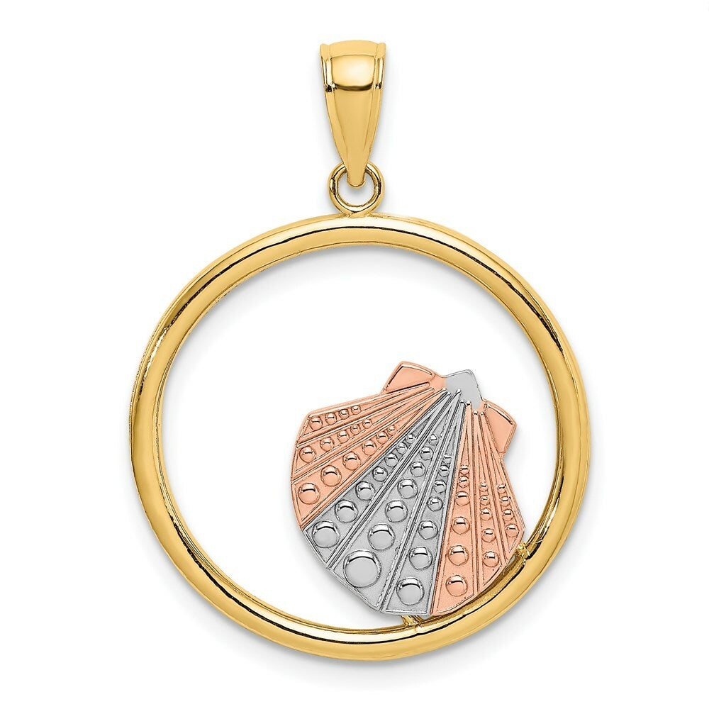 14K Tri-Color Gold Scallop Shell In Round Frame Charm Pendant