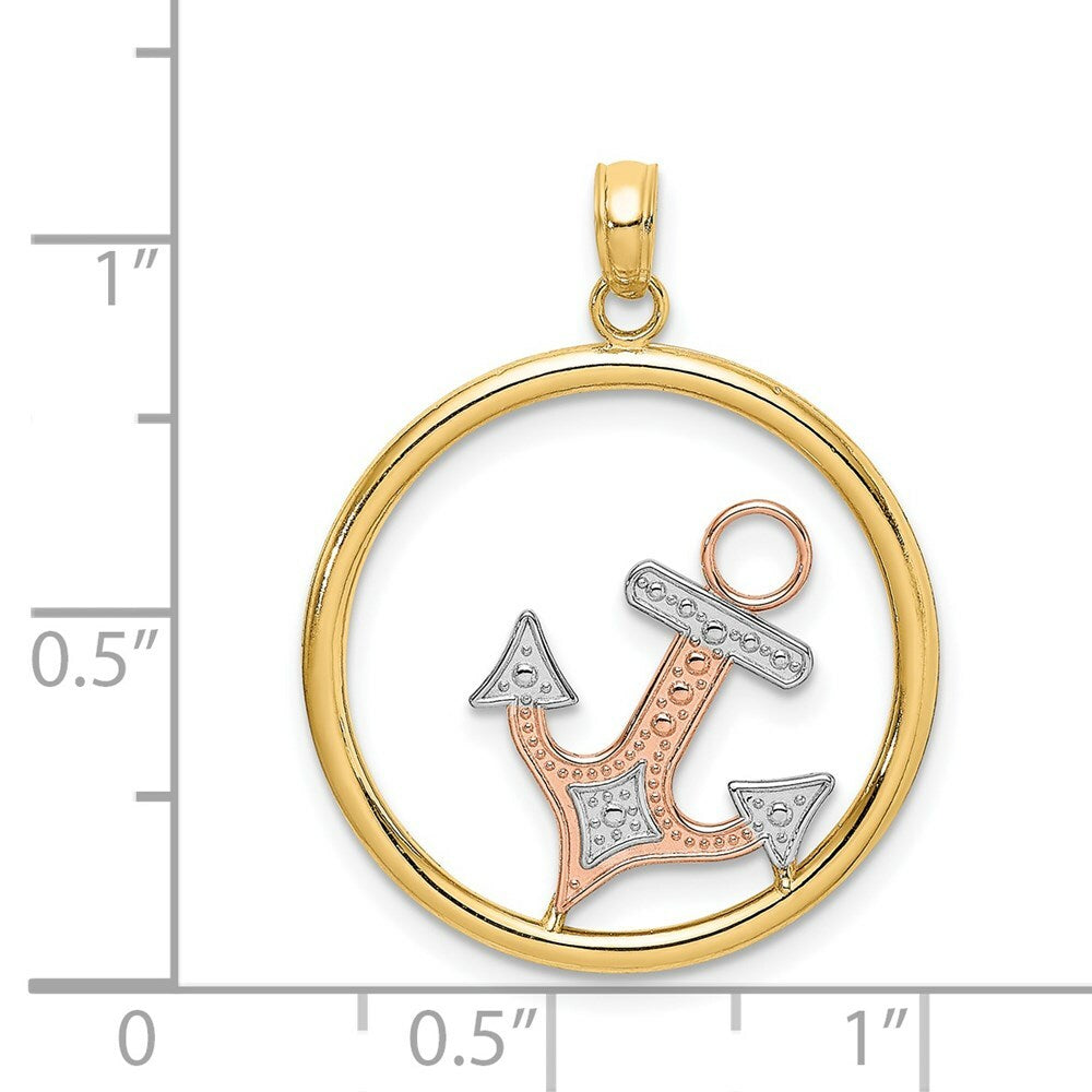 14K Tri-Color Gold Anchor In Round Frame Charm Pendant