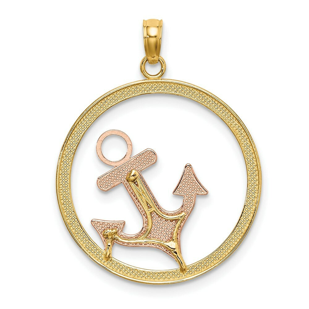14K Tri-Color Gold Anchor In Round Frame Charm Pendant