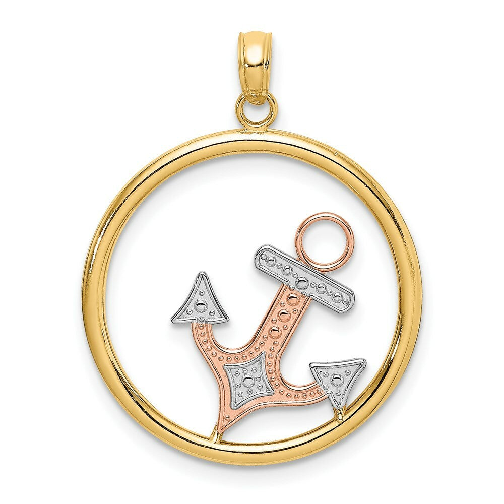 14K Tri-Color Gold Anchor In Round Frame Charm Pendant