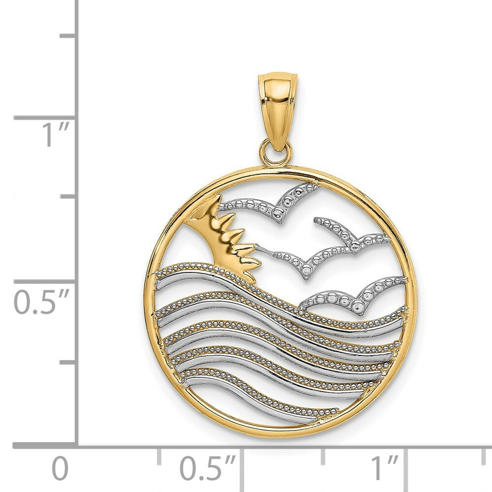 14k Yellow Gold and White Rhodium Sunset, Water with Seagulls In Found Frame Charm Pendant