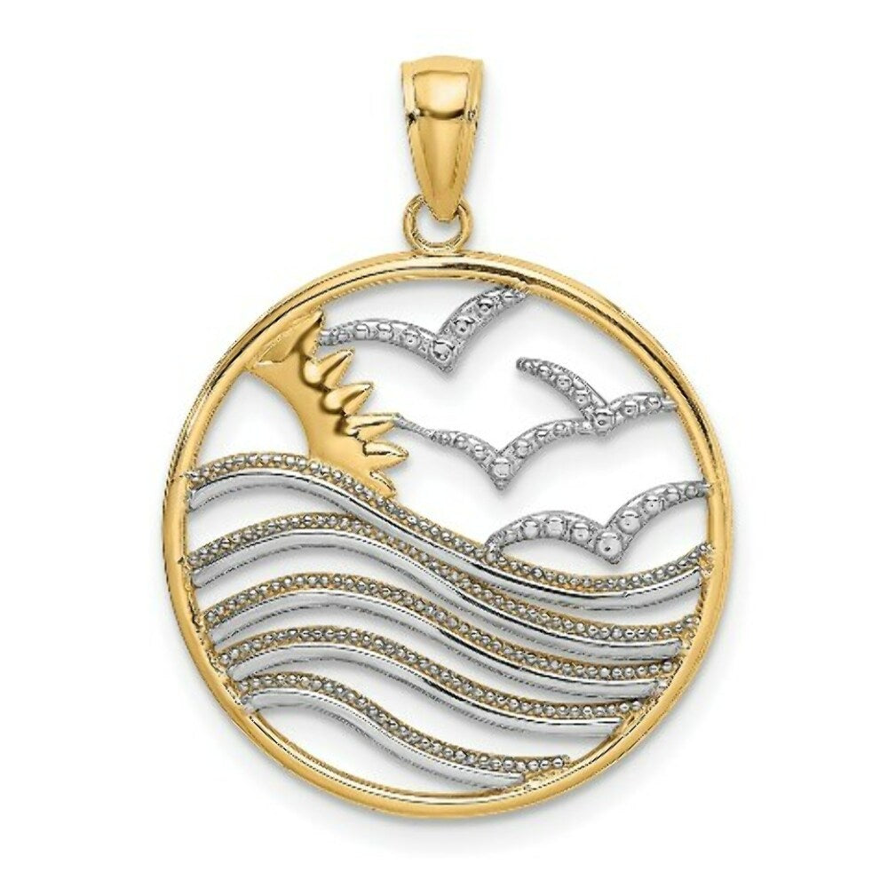 14k Yellow Gold and White Rhodium Sunset, Water with Seagulls In Found Frame Charm Pendant