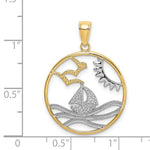Load image into Gallery viewer, 14k Yellow Gold and White Rhodium Sun, Sailboat, Water with Seagulls In Round Frame Charm Pendant
