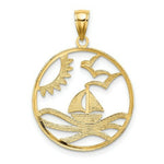 Load image into Gallery viewer, 14k Yellow Gold and White Rhodium Sun, Sailboat, Water with Seagulls In Round Frame Charm Pendant
