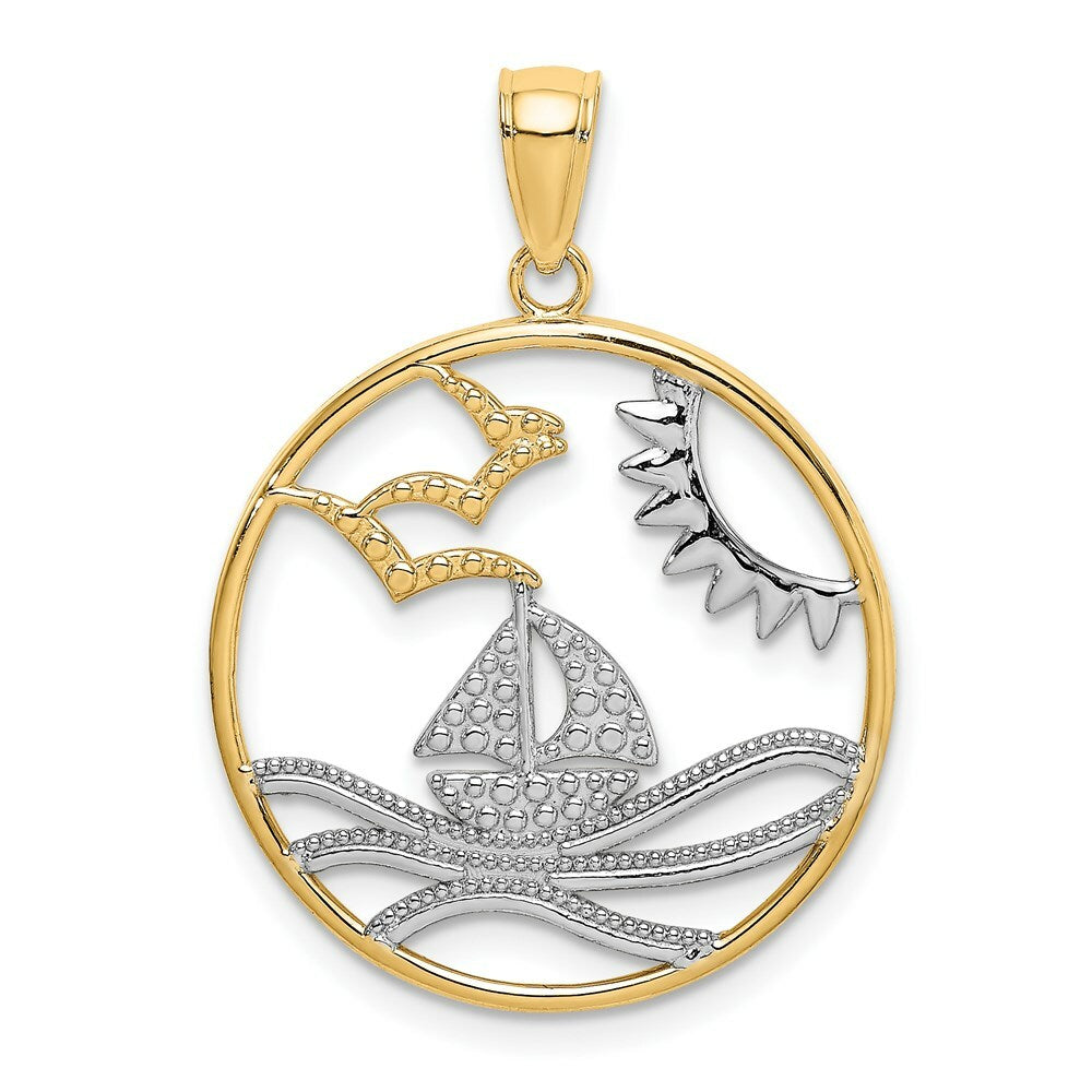 14k Yellow Gold and White Rhodium Sun, Sailboat, Water with Seagulls In Round Frame Charm Pendant