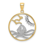 Load image into Gallery viewer, 14k Yellow Gold and White Rhodium Sun, Sailboat, Water with Seagulls In Round Frame Charm Pendant

