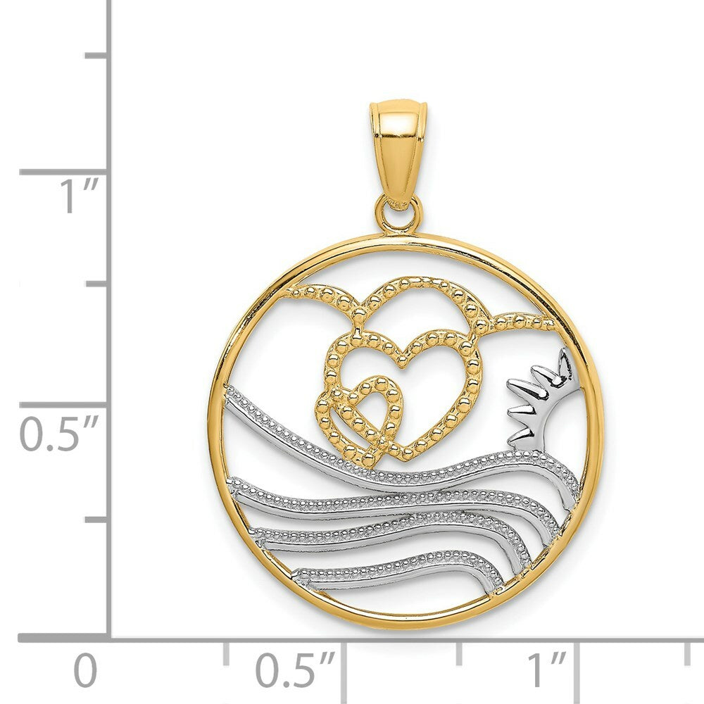 14k Yellow Gold and White Rhodium Sun, Hearts with Water In Round Frame Charm Pendant