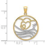 Load image into Gallery viewer, 14k Yellow Gold and White Rhodium Sun, Hearts with Water In Round Frame Charm Pendant
