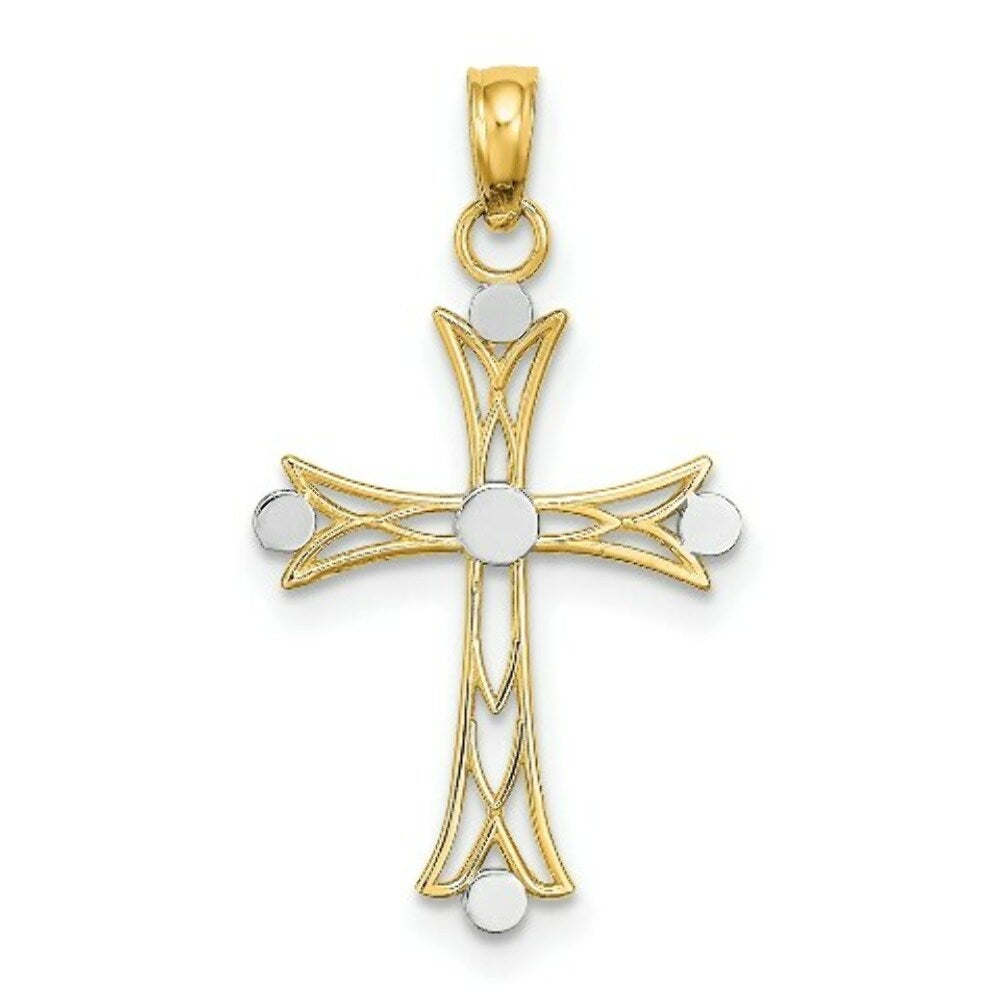 14K Yellow Gold with White Rhodium Textured Cross Charm Pendant