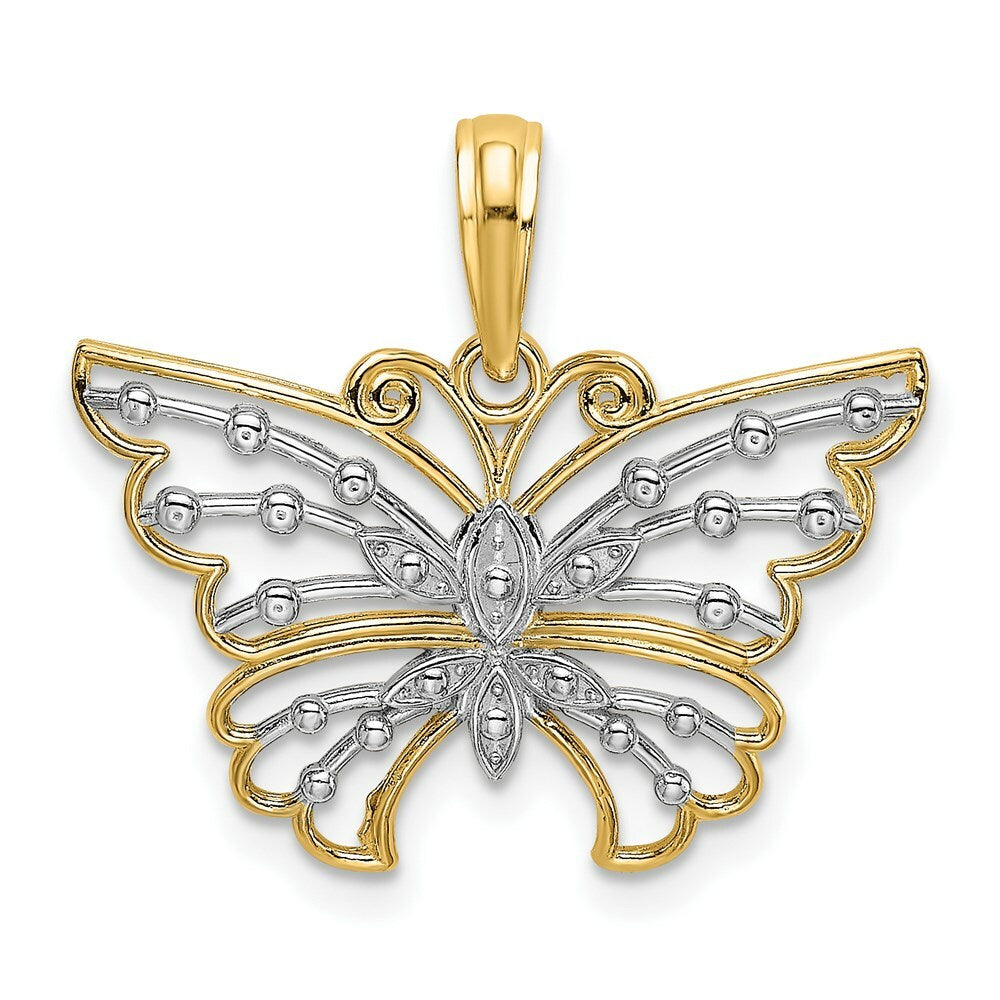 14K Yellow Gold with White Rhodium-Plated Diamond-cut Butterfly Charm Pendant