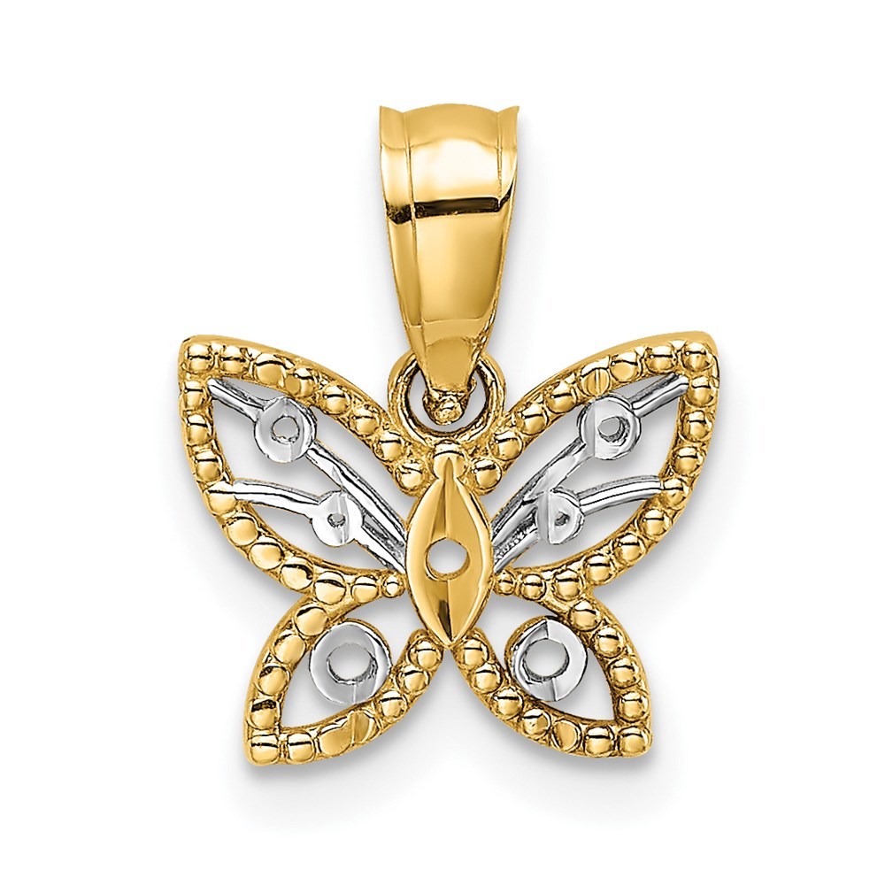 14K Yellow Gold with White Rhodium-Plated Mini Diamond-cut Butterfly Charm Pendant