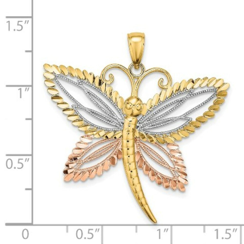 14K Tri-Color Gold Dragonfly With Beaded Diamond-cut Wings Charm Pendant