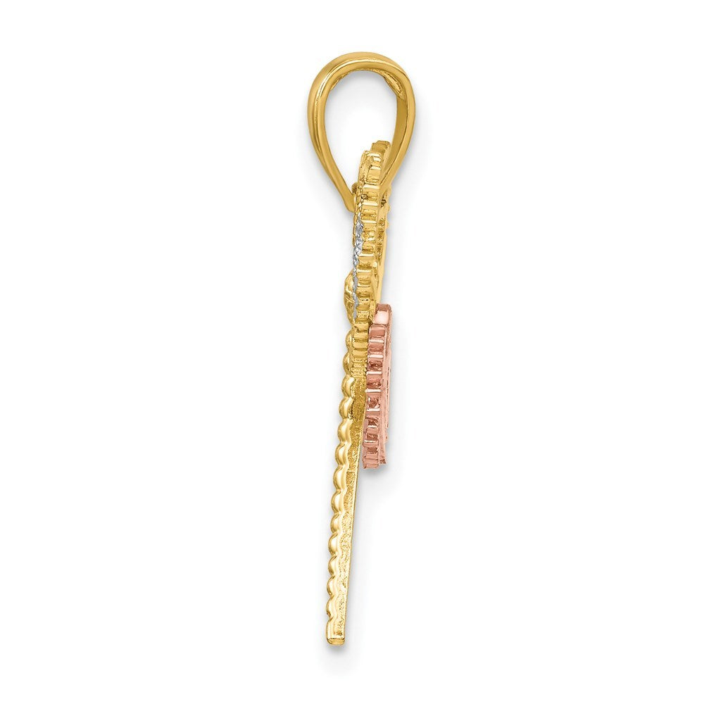 14K Tri-Color Gold Dragonfly With Beaded Diamond-cut Wings Charm Pendant