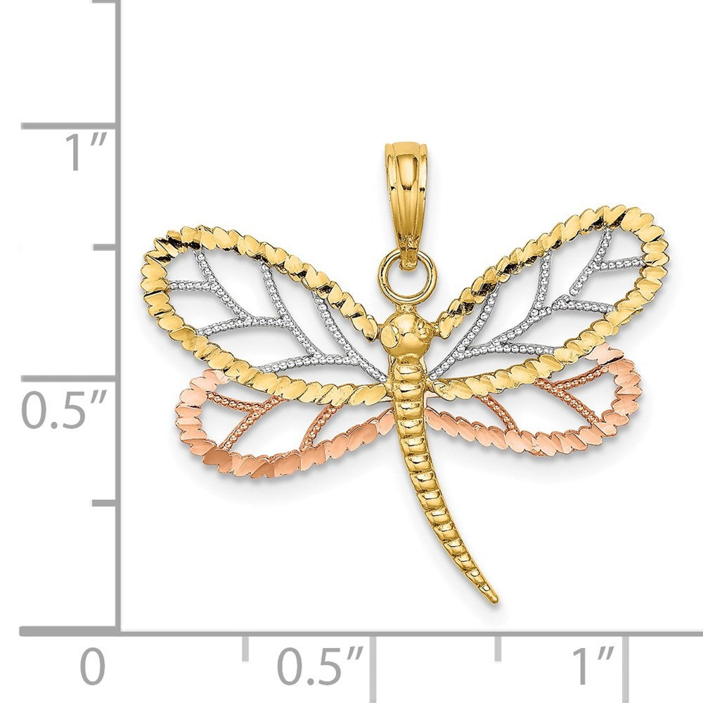 14K Tri-Color Gold Dragonfly With Beaded Diamond-cut Wings Charm Pendant