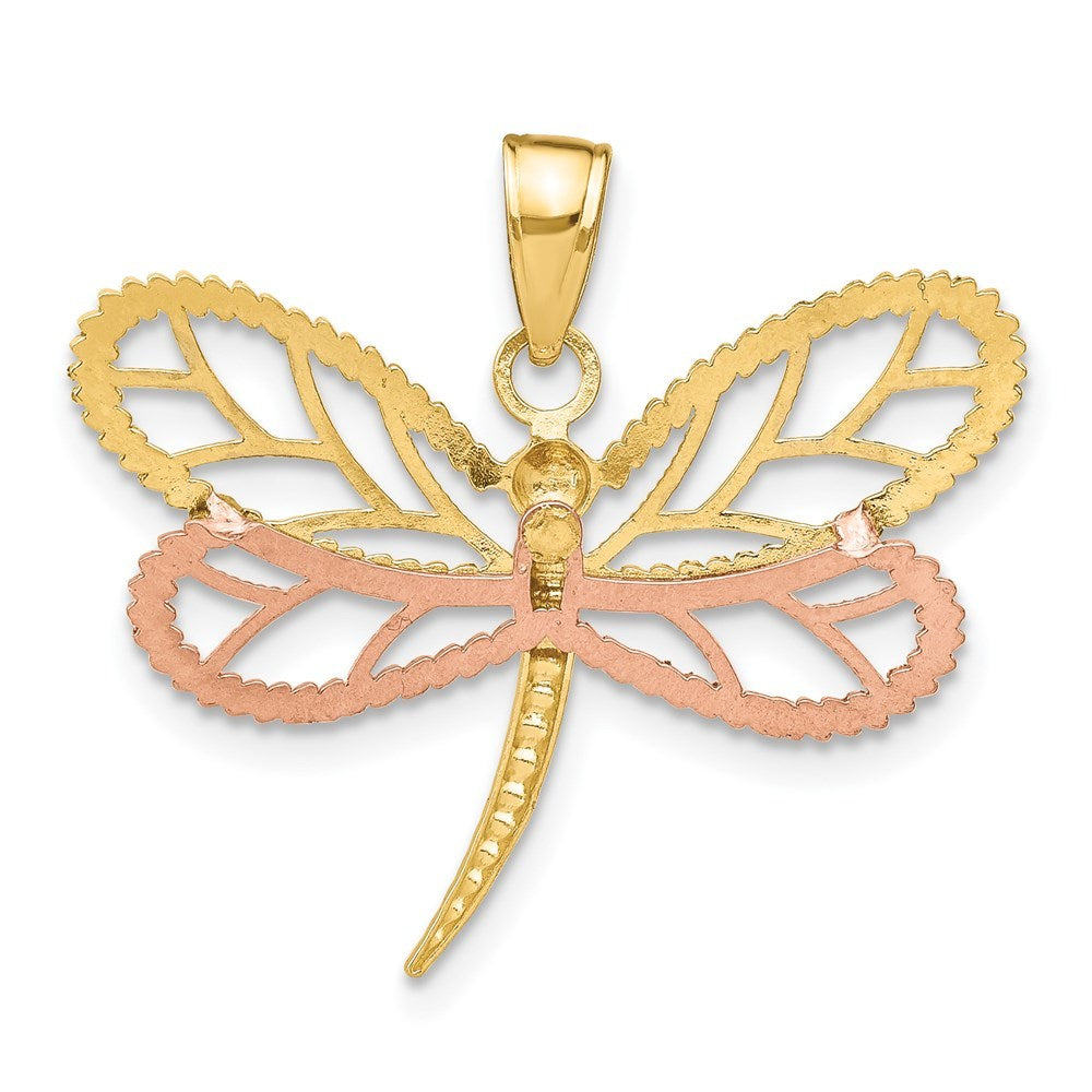 14K Tri-Color Gold Dragonfly With Beaded Diamond-cut Wings Charm Pendant