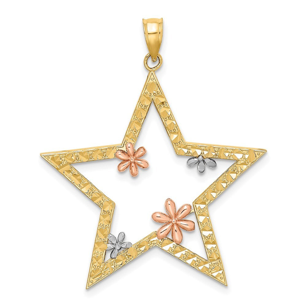 14K Two-tone Yellow & Rose Gold Star With Flowers Charm Pendant