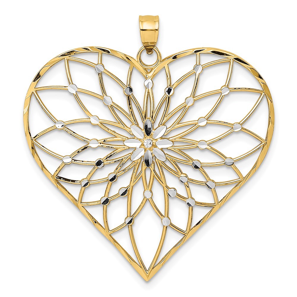 14K Yellow Gold with White Rhodium with Diamond-cut Heart Charm Pendant