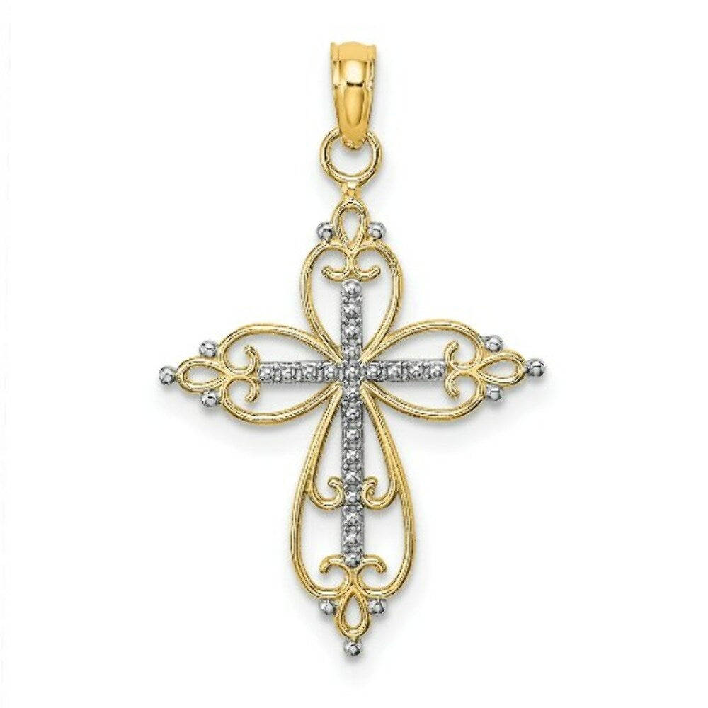 14K Yellow Gold with White Rhodium Beaded Cross Charm Pendant