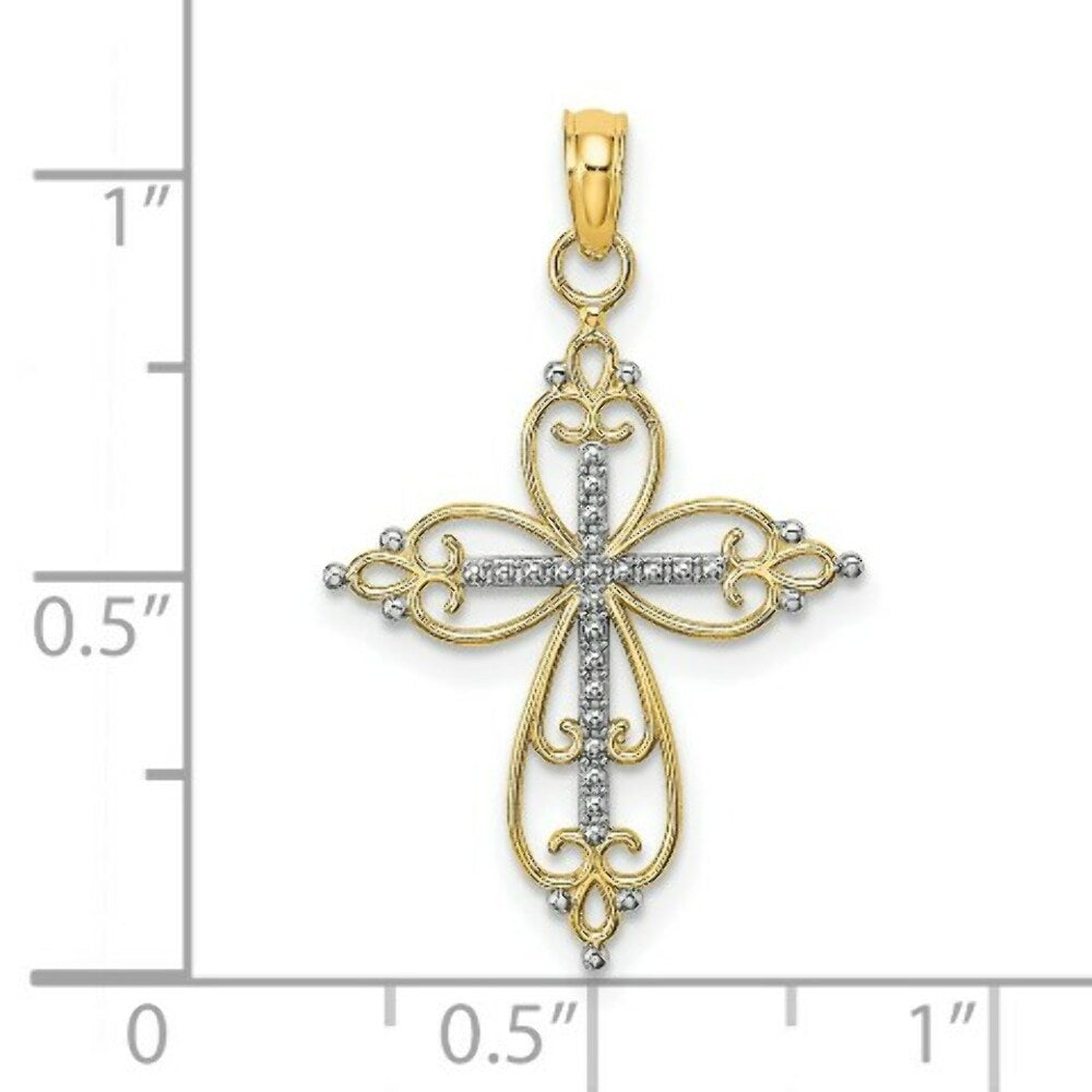 14K Yellow Gold with White Rhodium Beaded Cross Charm Pendant