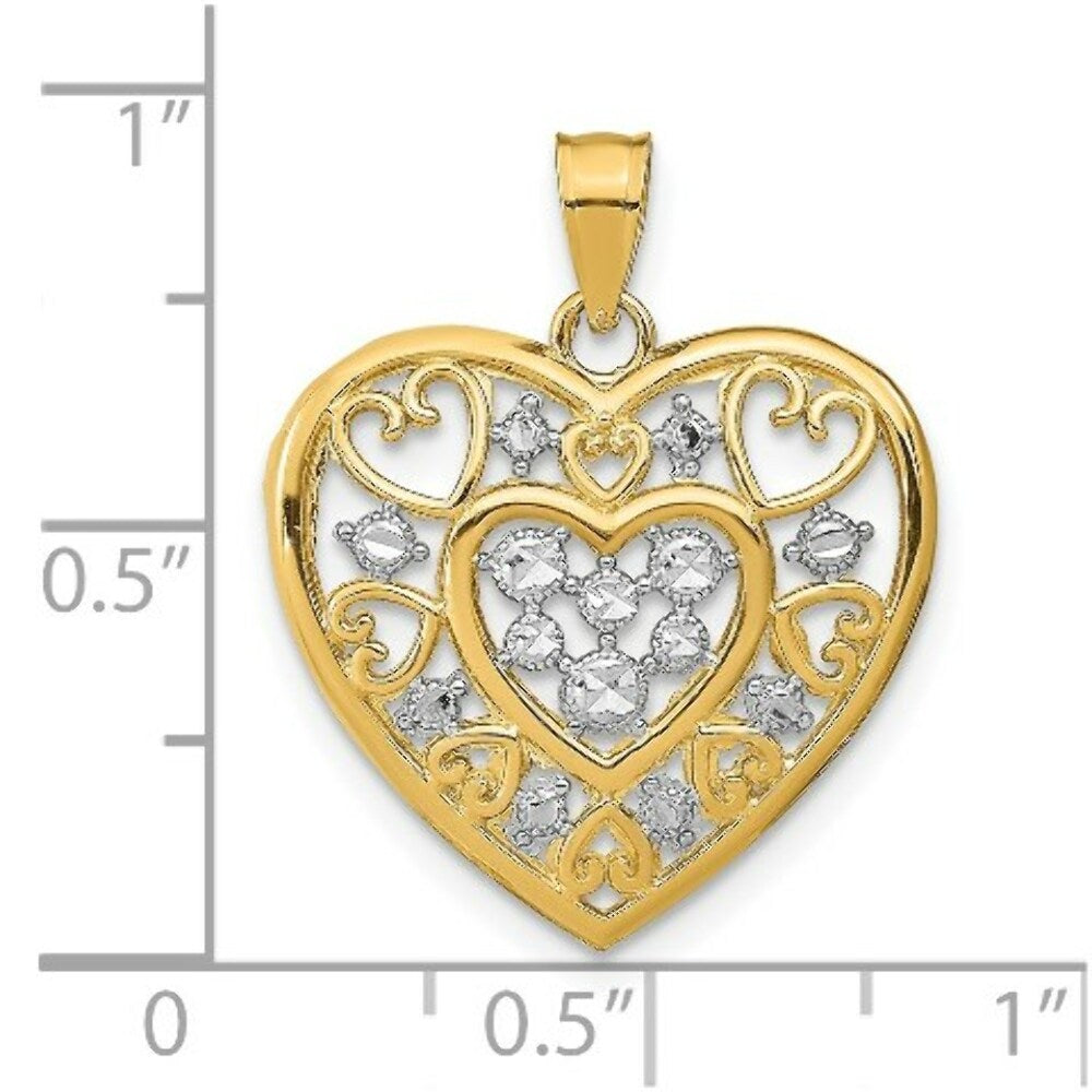 14K Yellow Gold with White Rhodium Cut-Out Filigree Heart Charm Pendant